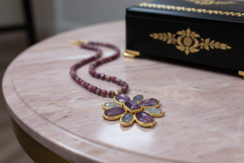 Sautoir acier inoxydable doré et médaillon en pierres naturelles