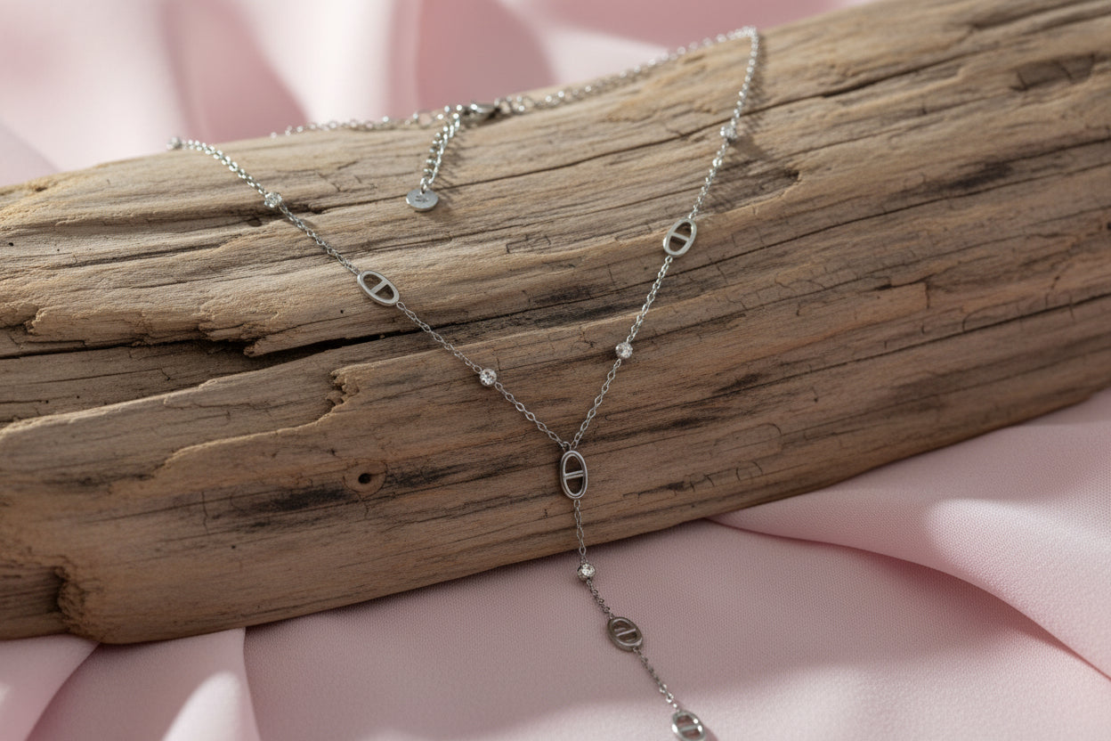 collier cravate, lasso, Y, argenté, maille marine et brillant
