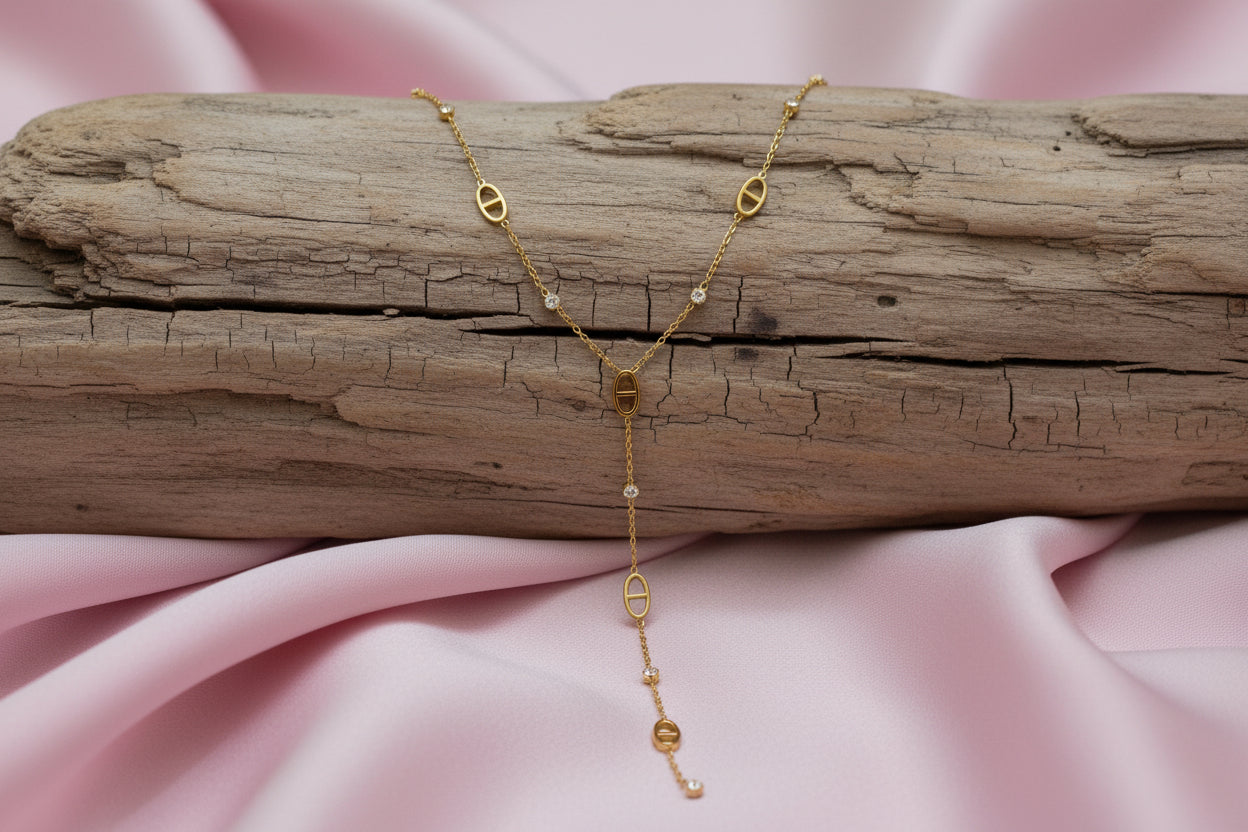 collier cravate, lasso, Y, argenté, maille marine et brillant