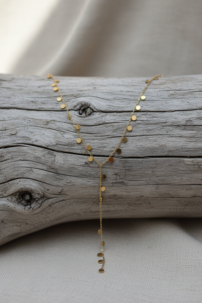 collier cravate, lasso, Y, doré, petits disques