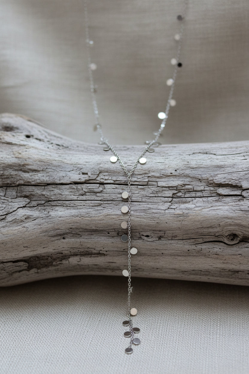 collier cravate, lasso, Y, argenté, petits disques