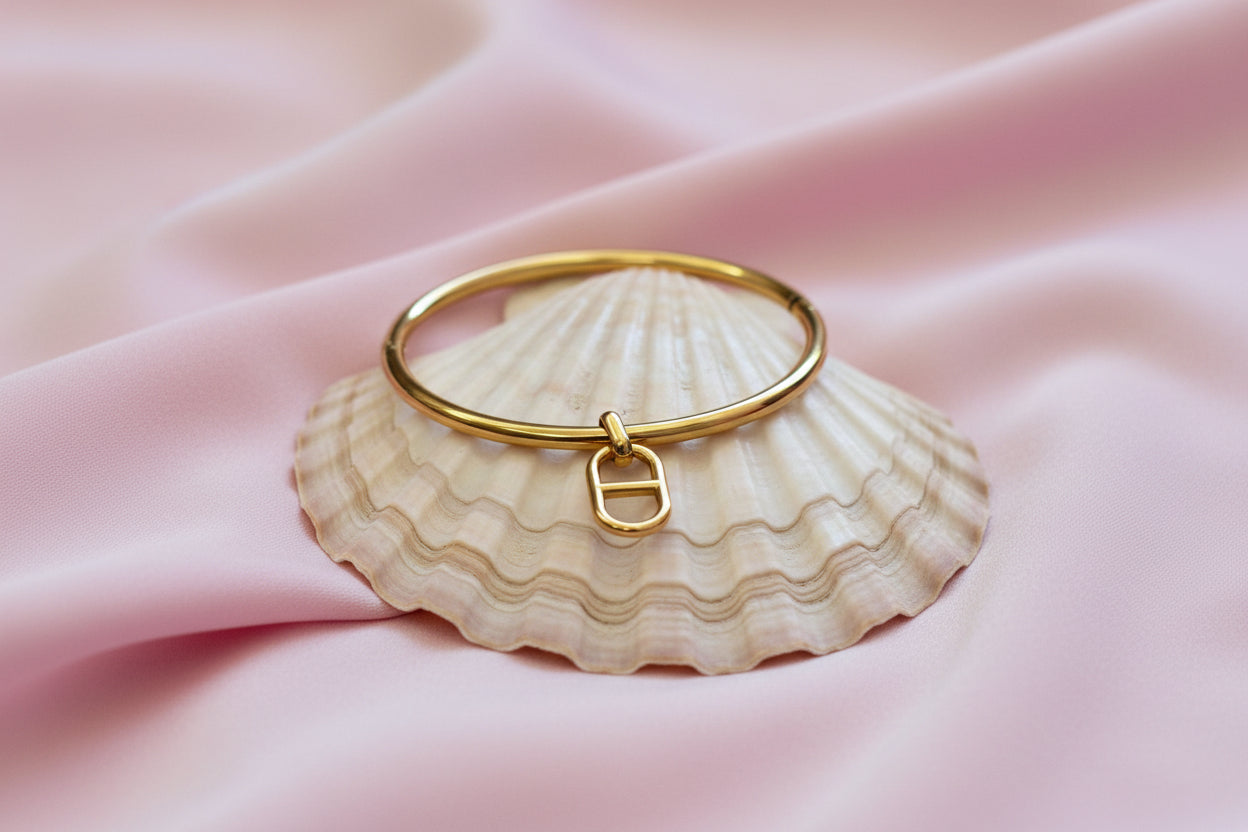 Bracelet-Jonc en acier inoxydable doré, breloque maille marine