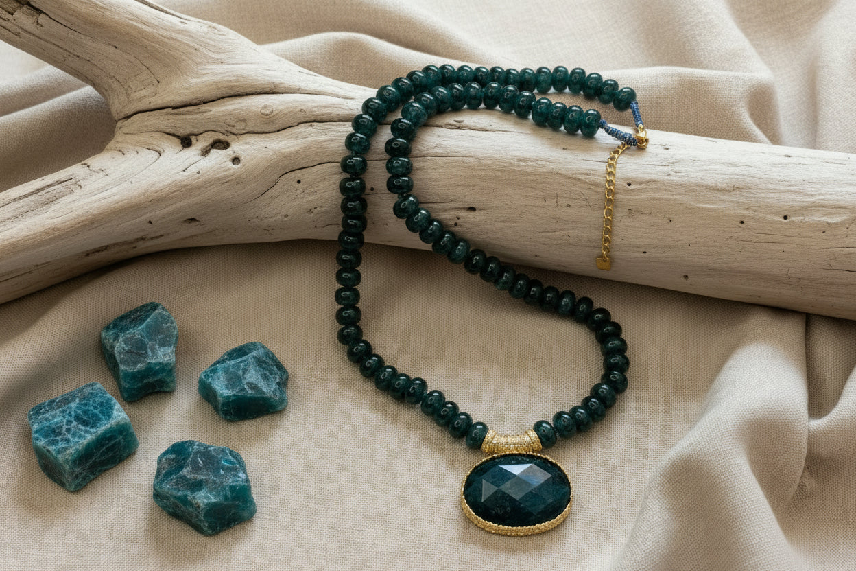 Collier en acier inoxydable, néphrite et amazonite