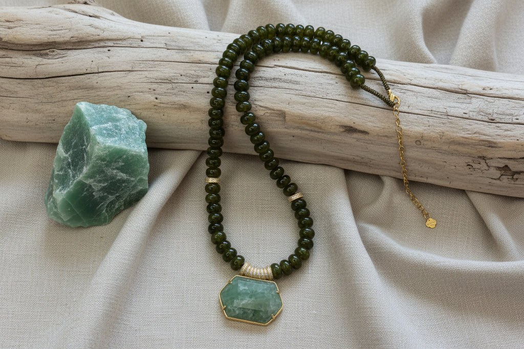 Collier en acier inoxydable, néphrite et amazonite