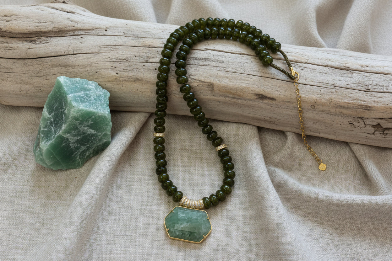 Collier en acier inoxydable, néphrite et amazonite