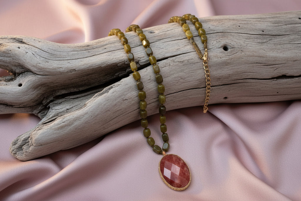 collier acier inoxydable doré et médaillon ovale en pierre naturelle