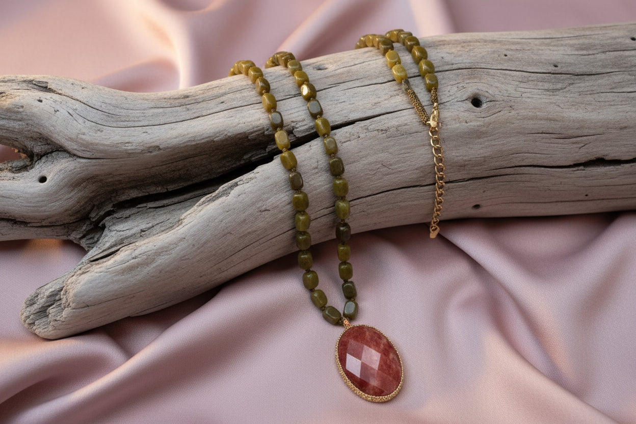 collier acier inoxydable doré et médaillon ovale en pierre naturelle