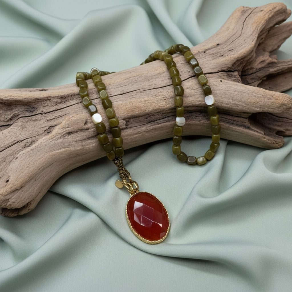 collier acier inoxydable doré et médaillon ovale en pierre naturelle