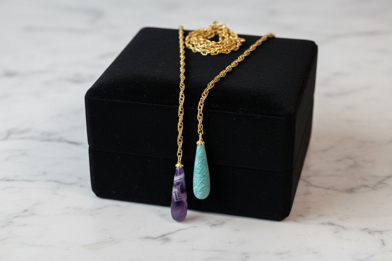Collier cravate acier inoxydable, agate verte et oeil de tigre