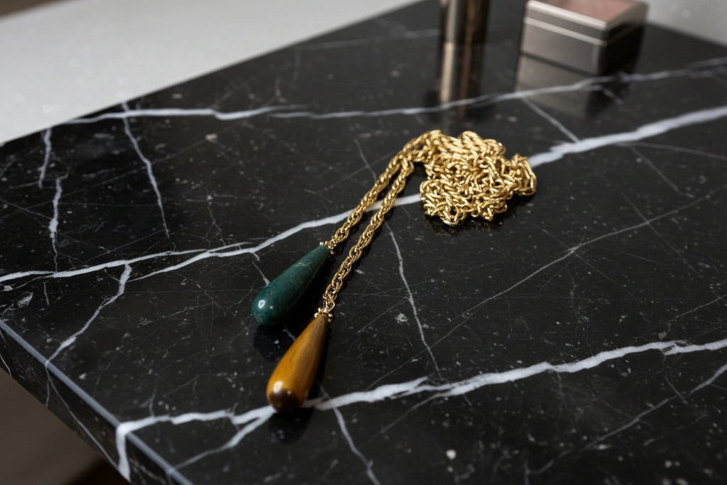 Collier cravate acier inoxydable, agate verte et oeil de tigre
