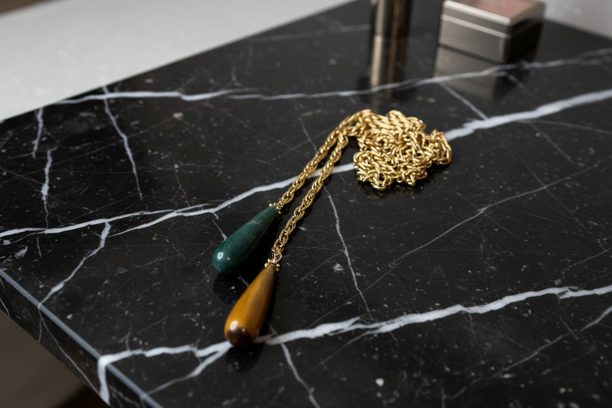 Collier cravate acier inoxydable, agate verte et oeil de tigre