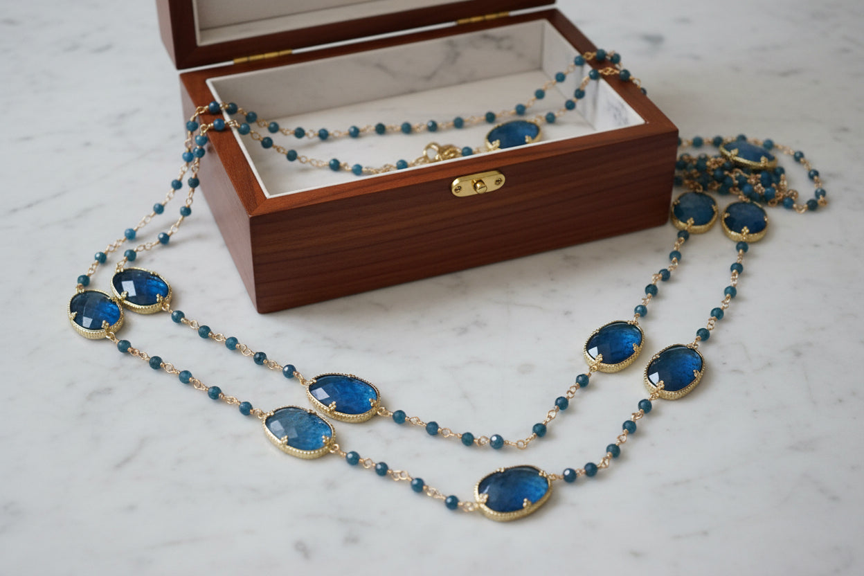 Sautoir acier inoxydable doré et apatite bleue