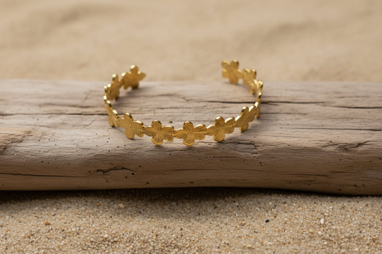 Bracelet- manchette en acier inoxydable, doré, forme fleur