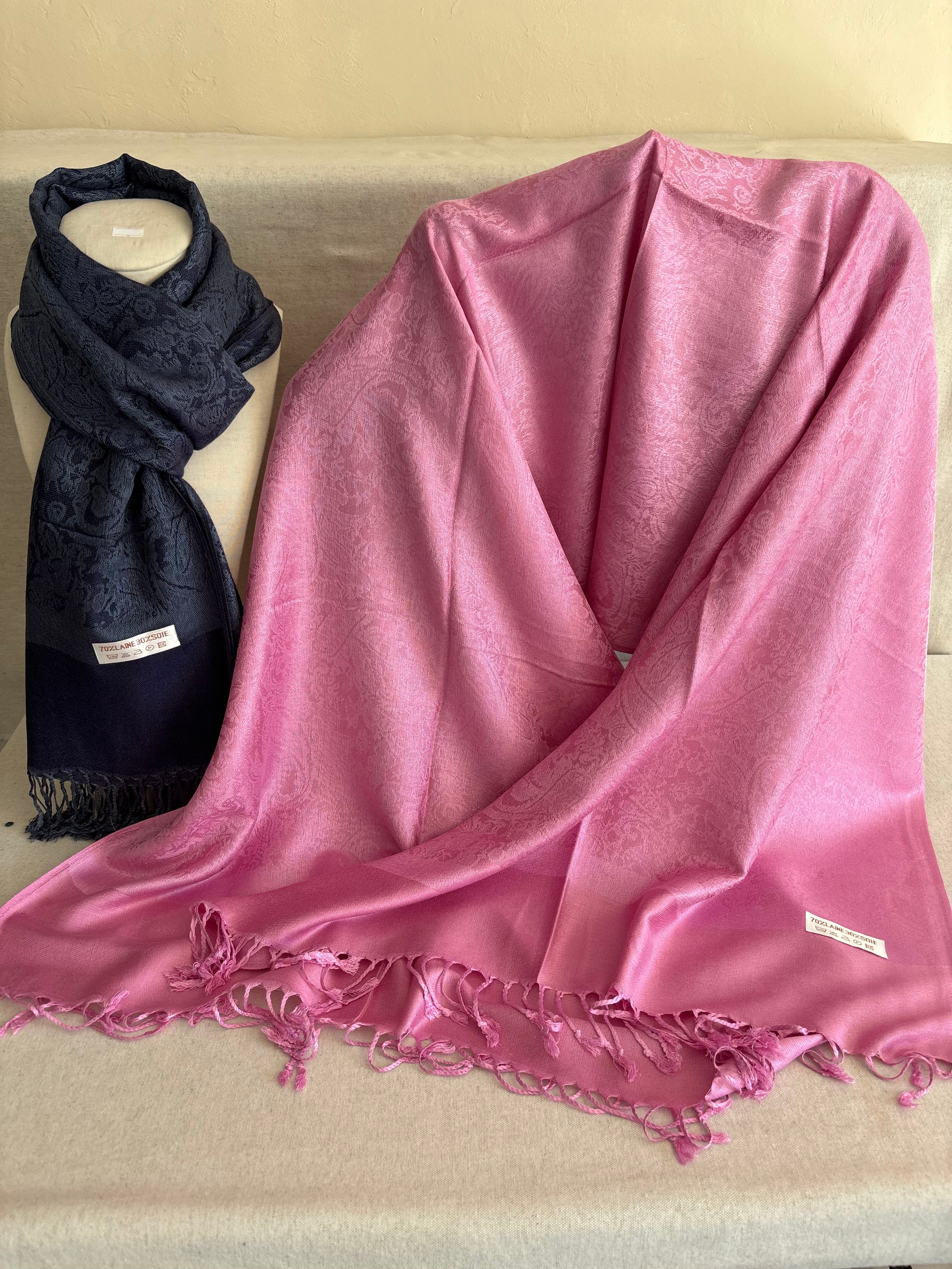 Echarpe Pashmina bleu métallique anthracite  70% laine 30% soie