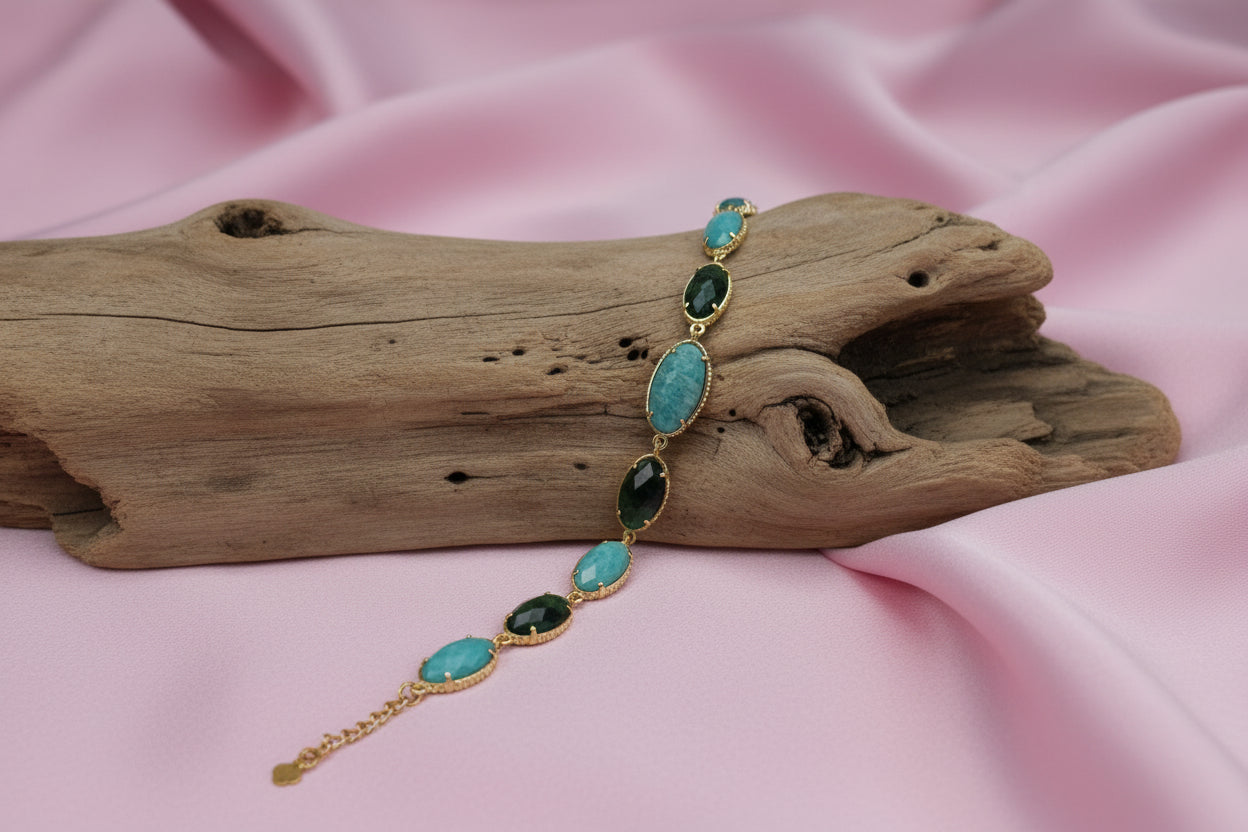 Bracelet acier inoxydable doré, petites pierres multicolores