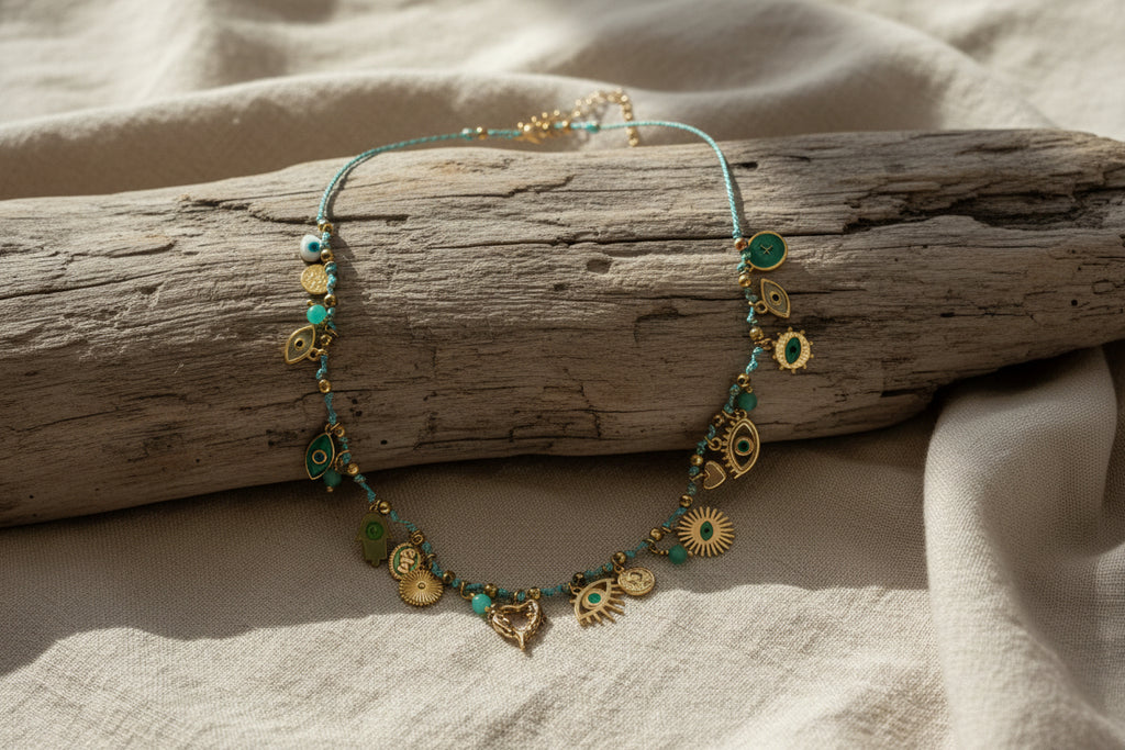 Collier acier inoxydable doré avec breloques roses