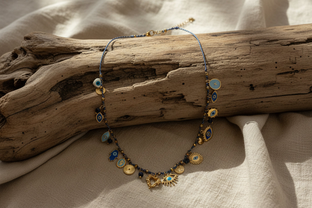Collier acier inoxydable doré avec breloques bleues