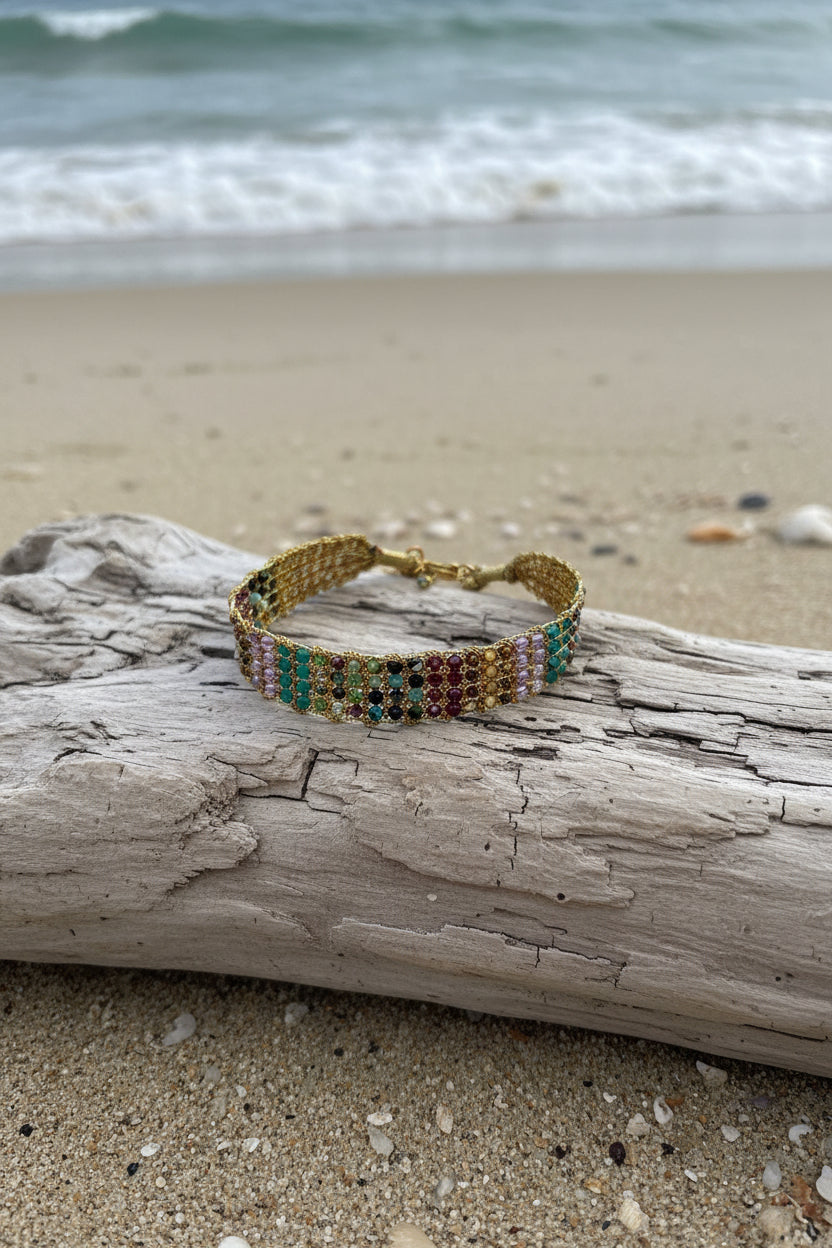 Bracelet tressé en acier inoxydable doré et pierres bicolores
