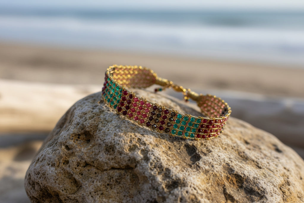 Bracelet tressé en acier inoxydable doré et pierres bicolores