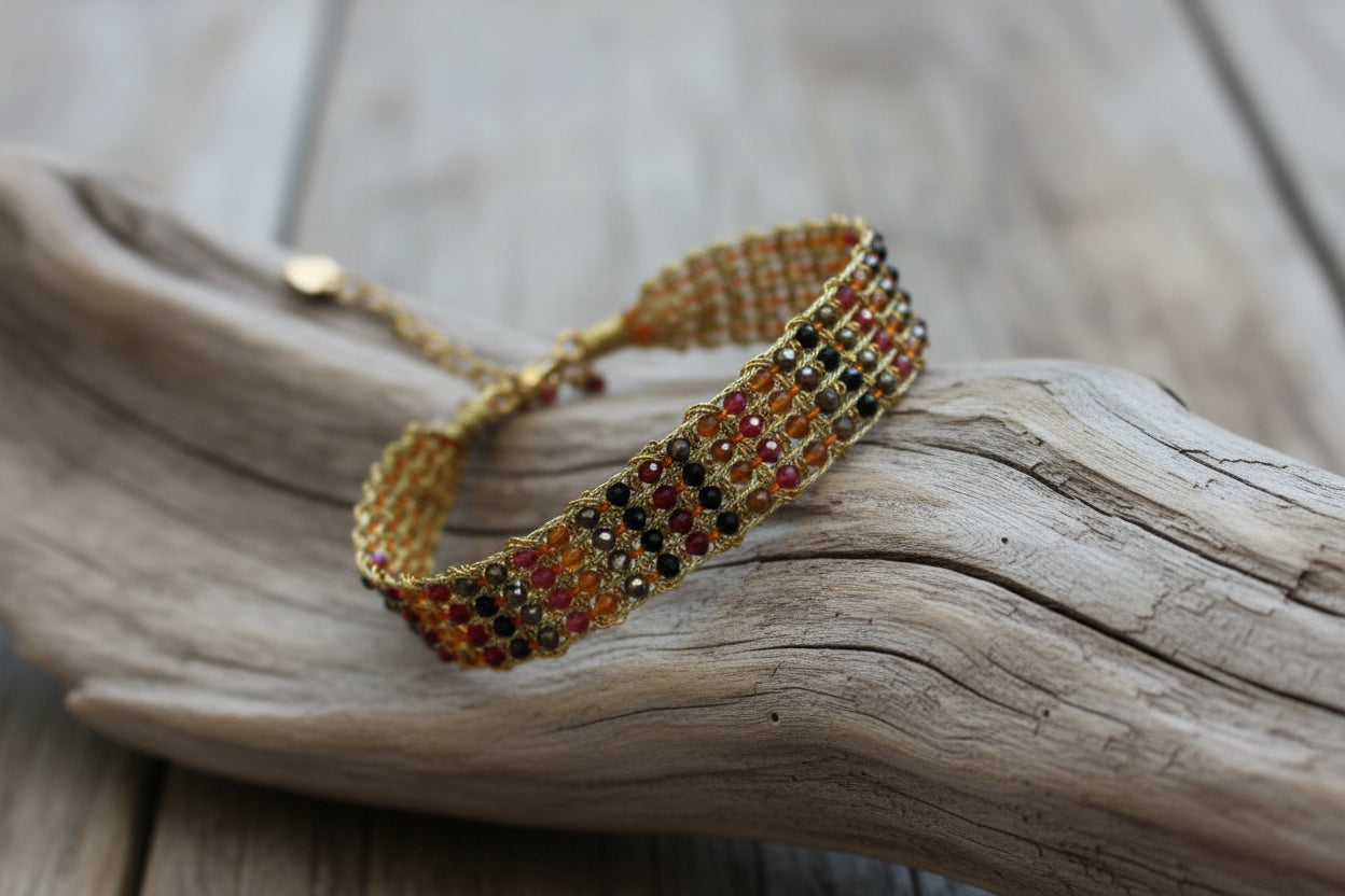 Bracelet tressé en acier inoxydable doré et pierres bicolores