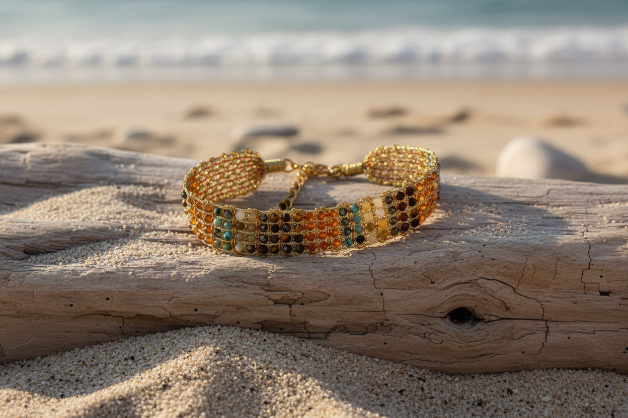 Bracelet tressé en acier inoxydable doré et pierres bicolores