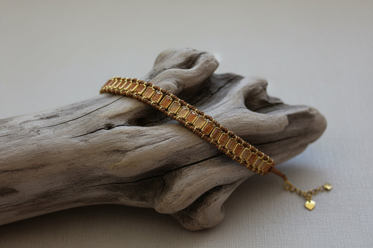 Bracelet brésilien en acier inoxydable doré et pierre du soleil